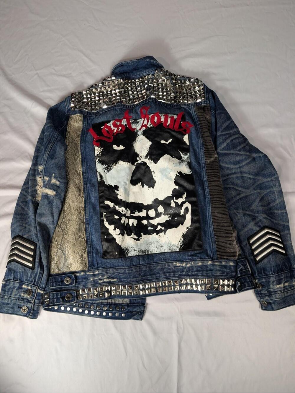 Cult of Individuality Blue Studded Biker Jacket Animal Print Embroidered